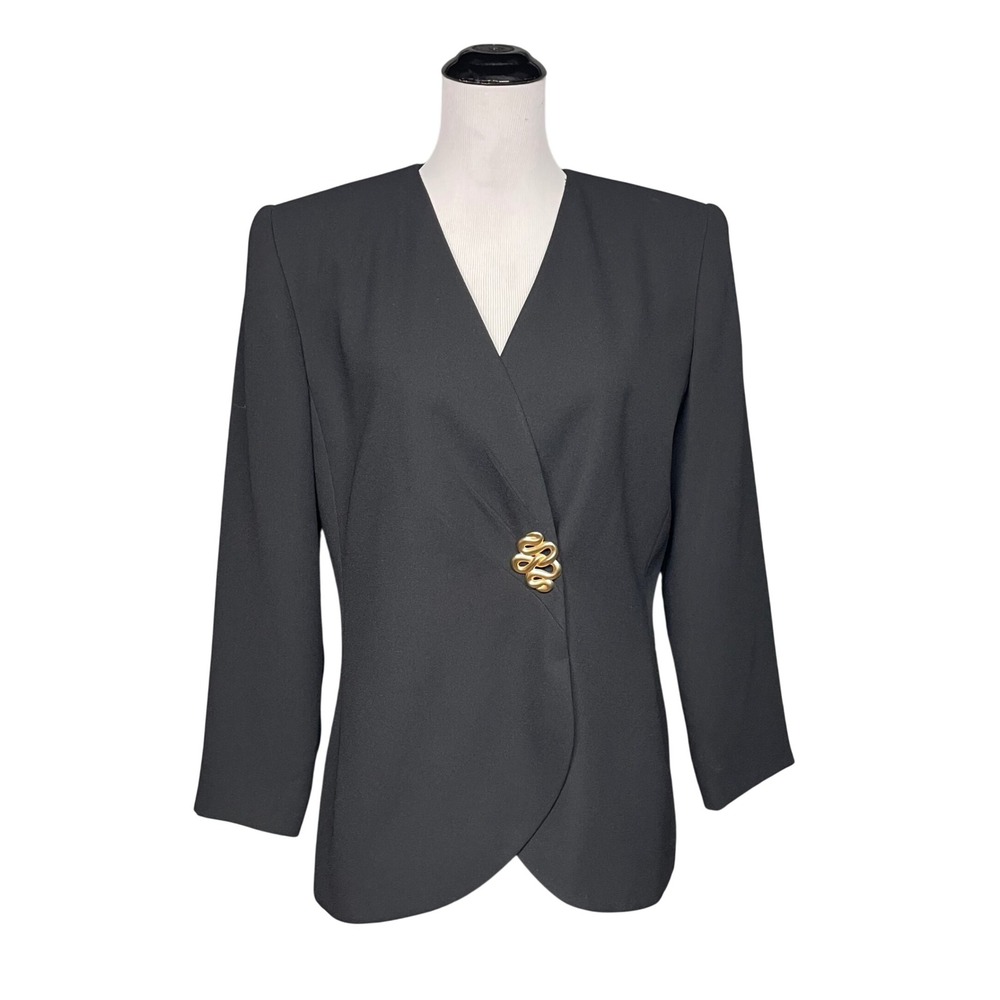 Vintage Le Suit Blazer Jacket Women 10 Black Gold Swirl Button Padded Shoulder